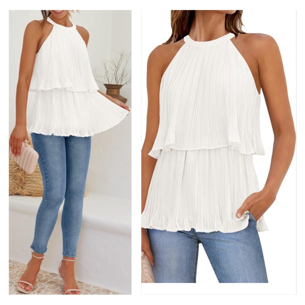 Halter Tank Tops Sleeveless Ruffle Tiered Layered Chiffon Flowy Blouse Shirts